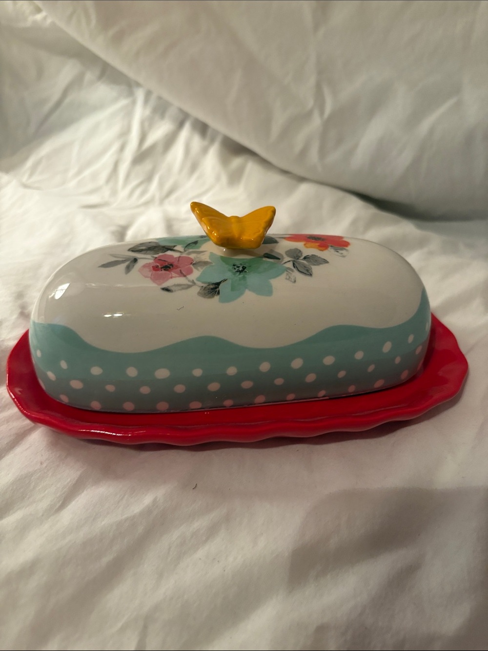 Decorative Floral Butter Dish with Yellow Butterfly Knob - White/Teal/Red